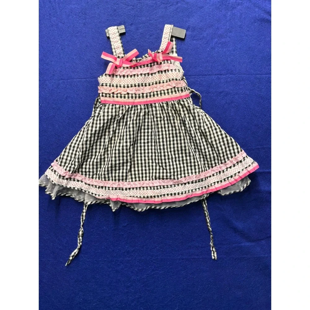 Cottagecore Toddler Nannette Girl Gingham Ruffle‎ Bow Dress 2T Black Pink